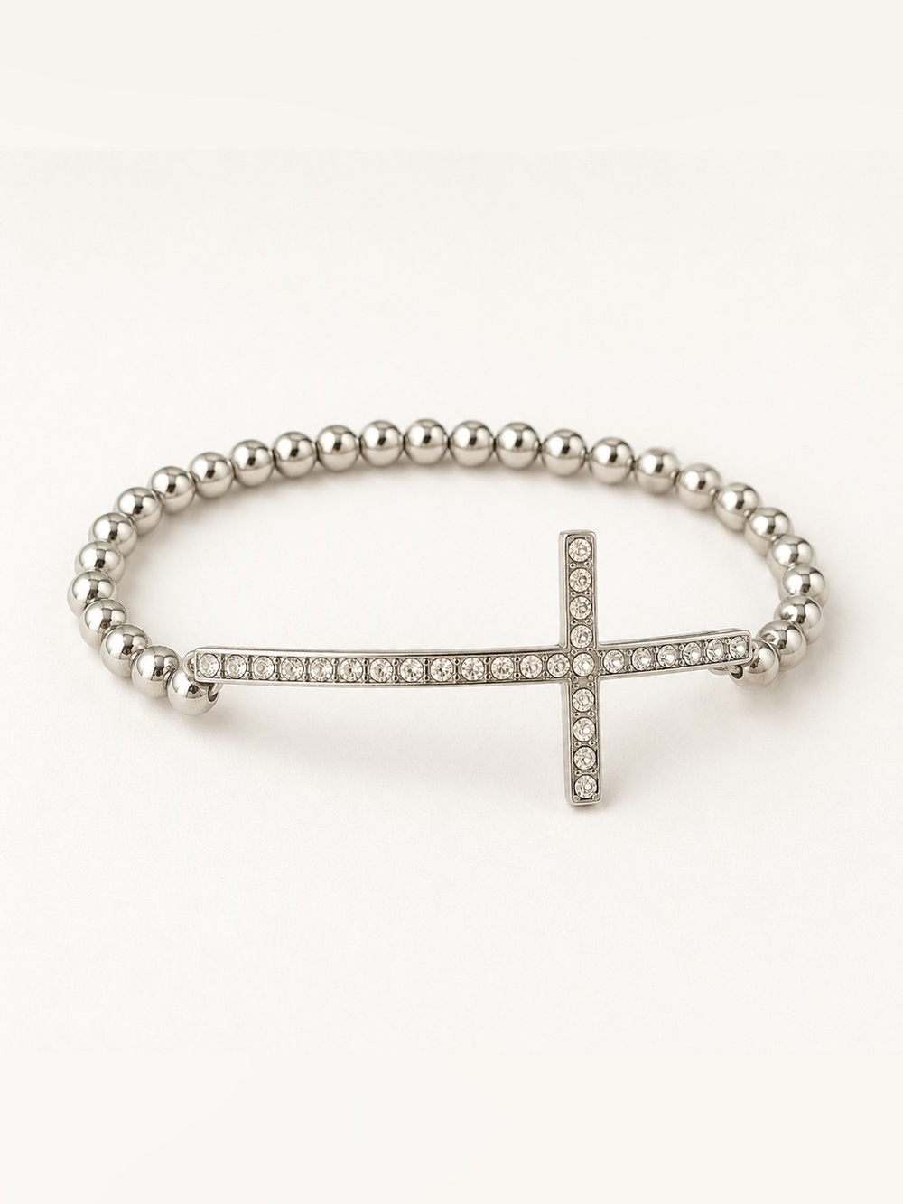 Silver Tone Rhinestone Sideways Cross Beaded Statement Bracelet